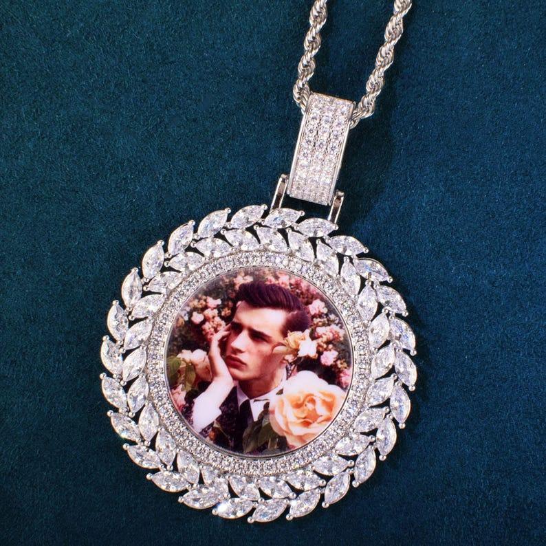 Custom Round Photo Pendant Necklace, Hip Hop Iced Out Copper Zircon Chain, Personalized DIY Picture Jewelry for Men Women - CaratixJewelry